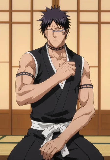 score_9, score_8_up, rating_nsfw, ultra hd, absurdres, best quality, ultra quality, masterpiece, masculine, solo, 1boy, male focus, best anatomy, best eyes, detailed eyes, best hands, hand with five fingers, mature male, anime screencap,
HisagiShuhei69, 1boy, black sleeveless Kimono, sitting cross-legged, Japanese sliding door, looking at viewer, detailed background
