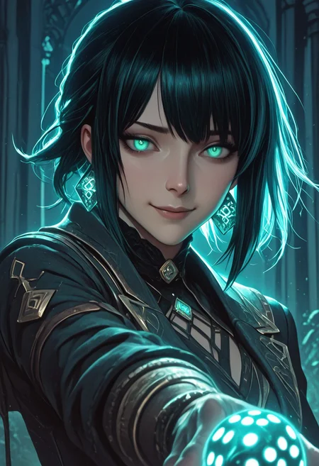 A high-resolution, cinematic illustration of a confident female fate dealer with a unique, asymmetrical hairstyle, viewed from a worm's-eye perspective as if from the table surface. She is facing the viewer, looking down with a sly smile, mid-action of throwing large, glowing dice towards the camera. The dice are in the extreme foreground, appearing massive due to foreshortening, with motion blur to convey movement. Her attire is a blend of mystic and modern, adorned with arcane symbols. The background is a blurred, dimly-lit, mystical casino, enhancing the focus on her intense gaze and the dice. Dramatic lighting casts dynamic shadows, emphasizing the depth and perspective of the scene.