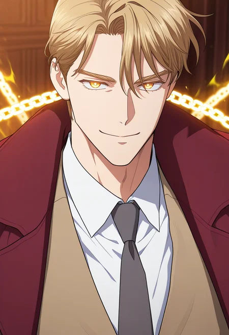 masterpiece, best quality, amazing quality,high resolution, intricate details,official style,depth of field,anime coloring,anime screencap , , , 1boy, solo, male focus,  <lora:sung_hyunjae:0.95>,sung hyunjae,golden eyes,bloden hair,short hair,looking at viewer,smile, shirt,closed mouth,white shirt, necktie, collared shirt,brown vest, coat, formal, suit, black necktie,red coat, grey necktie,glowing chain,chain aura