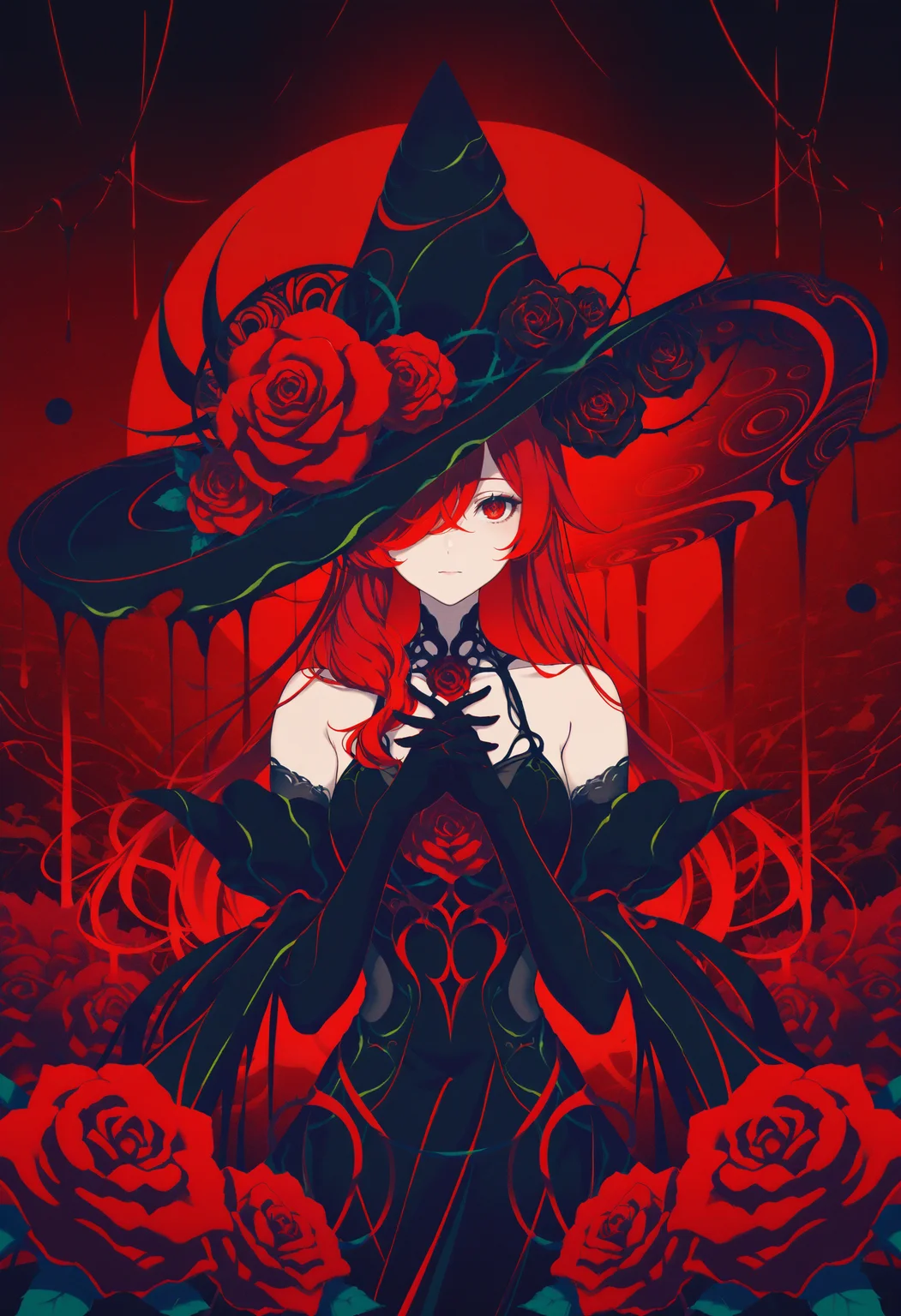(masterpiece, gradient, recent, good_quality, high_quality, newest, very aesthetic, vibrant_background, abstract_background, colorful, surreal, anime_coloring:1, vectortrace:1, flat_colors:1)
(BV-Illu, 1girl, hat, solo, long hair, gloves, witch hat, flower, elbow gloves, red hair, hat flower, black gloves, dress, looking at viewer, black headwear, closed mouth, red flower, hair over one eye, black dress, rose, witch, bare shoulders, red eyes, bangs, upper body)