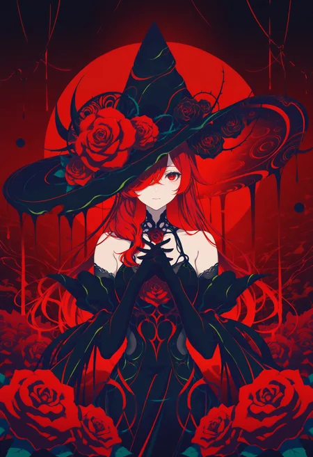(masterpiece, gradient, recent, good_quality, high_quality, newest, very aesthetic, vibrant_background, abstract_background, colorful, surreal, anime_coloring:1, vectortrace:1, flat_colors:1)
(BV-Illu, 1girl, hat, solo, long hair, gloves, witch hat, flower, elbow gloves, red hair, hat flower, black gloves, dress, looking at viewer, black headwear, closed mouth, red flower, hair over one eye, black dress, rose, witch, bare shoulders, red eyes, bangs, upper body)