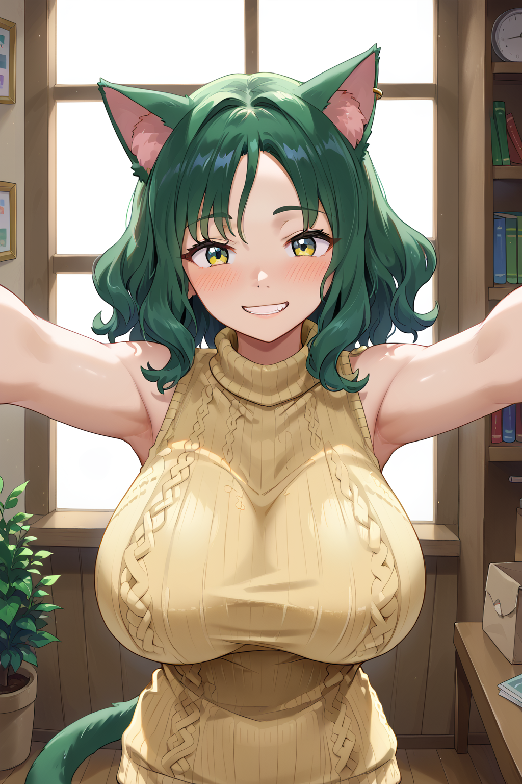 score_9, score_8_up, score_7_up, source_anime, BREAK, looking at viewer, green hair, wavy hair, medium hair, huge breasts, sleeveless sweater, indoors, grin, blush, sweater dress, turtleneck sweater, yellow sweater, kabedon on viewer, cat ears, cat tail, <lora:YDBunny Pony:0.6>, <lora:kabedon on viewer pony:0.8>