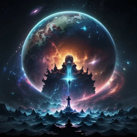 In the vast emptiness of the interstellar void, crystal skull omnipotent deities from separate dimensions collide. The Creator, a deity whose face is an ever-evolving canvas of galaxies and life, wields the power of creation, bringing forth stars, planets, and life forms with a wave of their hand. Opposite them stands the Destroyer, a god whose face is a shifting visage of decay and entropy, wielding the power of destruction, disintegrating celestial bodies and extinguishing stars. The clash of creation and destruction is a cosmic spectacle, with galaxies being born and dying in the wake of their unimaginable powers. highest quality, enhanced quality, creative, beautiful, vibrant, masterpiece, 8k, amazing details, amazing quality, amazing artist, sharp edges, detailed textures, full view, atmospheric lighting, amazing visuals, crystals fantasy, crystals, crystal, bg_imgs, cyberpunk, neon lights, science fiction, view from above,