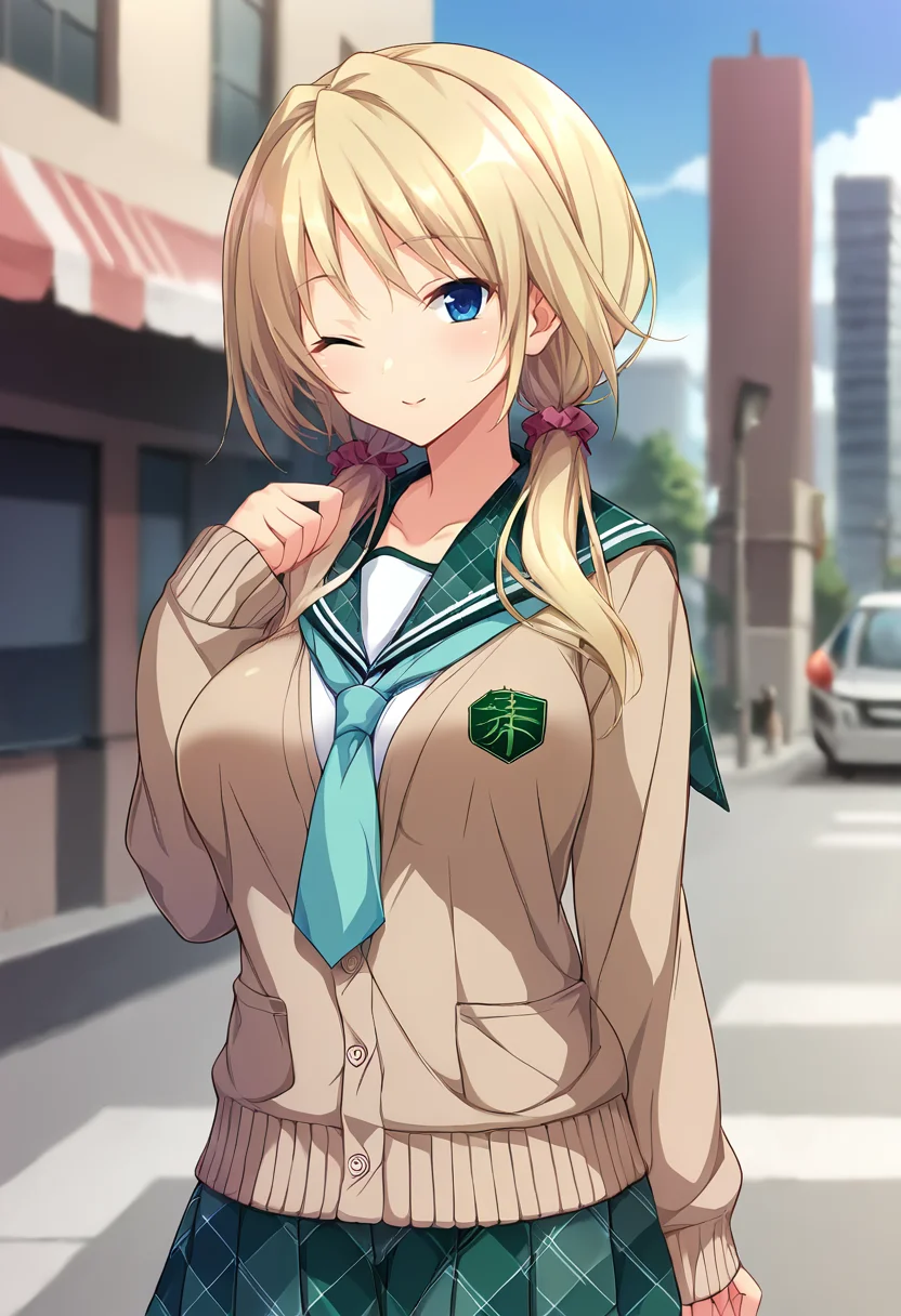 score_9, score_8_up, score_7_up, masterpiece, source_anime BREAK 1girl, ct_yay0, blue eyes, blonde hair, low twintails, hair scrunchie, large breasts, beige cardigan, puffy long sleeves, green sailor collar, green necktie, pleated skirt, hand up, one eye closed,shiny skin, looking at viewer, cowboy shot, outdoors, depth of field, city, day, <lora:YayoiBarnardLutwidge_Pony_ct:1>