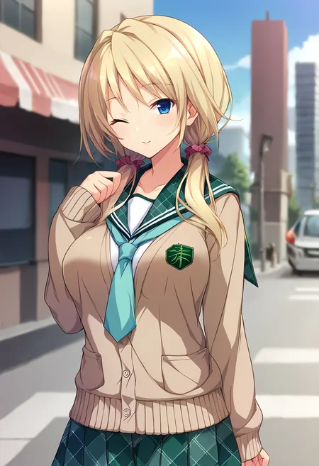 score_9, score_8_up, score_7_up, masterpiece, source_anime BREAK 1girl, ct_yay0, blue eyes, blonde hair, low twintails, hair scrunchie, large breasts, beige cardigan, puffy long sleeves, green sailor collar, green necktie, pleated skirt,  hand up, one eye closed,shiny skin, looking at viewer, cowboy shot, outdoors, depth of field, city, day, <lora:YayoiBarnardLutwidge_Pony_ct:1>
