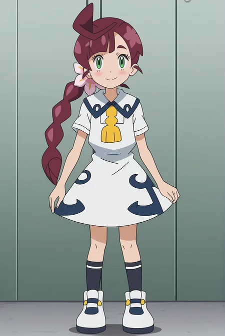 score_9, score_8_up, score_7_up, source anime, prefect lighting, very aesthetic, BREAK, anime coloring, anime screencap,
<lora:chloe_pokemon_v1-pdv6:1>, 1girl, chloe \(pokemon\), pokemon journeys, green eyes, brown hair, ahoge, hair flower, braided ponytail, long hair, eyelashes,
vermilion city school uniform, neck tassel, white dress, collared dress, short sleeves, white footwear, black socks,
BREAK, light smile, blush, looking at viewer, standing,
BREAK,