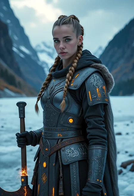A captivating image emerges, focusing on a vikingpunk warrior-princess with her presence commanding attention in the icy wasteland. Her futuristic viking armor based on traditional viking armor, a seamless fusion of technology and her athletic form, slim-athletic form highlights her strength and agility. The warrior's twin braids with shaved sides, frames her determined expression, while her piercing eyes bore into the viewer. Ancient runes are etched into her battleaxe and armor, crackling with mystical glowing energy. The frozen landscape, a testament to her people's resilience, stretches into the distance, where dark, ominous clouds partially veil the rugged mountainous pass, filling the air with crispness and the promise of lightning. This artwork, with its Nordic and Viking-inspired elements, captures the essence of a powerful futuristic figure, seamlessly blending ancient traditions with futuristic innovations. Beauty, chiaroscuro, play of shadow and light, realistic,   <lora:flux_trainer/fluxPunk_v1.safetensors:1.0>,