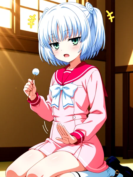 <lora:il-ruri-tenshin-ruschool:0.8>,il-ruri-tenshin,solo,ruschool outfit,1girl,blue white hair,short hair,white bow,twintails,white small spiral hair ornament with hair_tie,green eyes,pink serafuku dress,school uniform,light red sailor collar,pink skirt dress,socks,black mary janes,long wavy ribbon on dress,
<lora:Lap_Pillow_Invitation_IL:1>,lap pillow invitation,motion lines,holding mimikaki,
looking at viewer,blush,jitome,+++,open mouth,fang,doyagao,
window,sunlight,
masterpiece,best quality,newest,absurdres,highres,detailed eyes,beautiful,detailed background,perfect eyes,anime coloring,anime screencap,
<lora:add-detail-xl:1>,<lora:ponyv4_noob1_2_adamW-000017:0.8>,wear clothes,