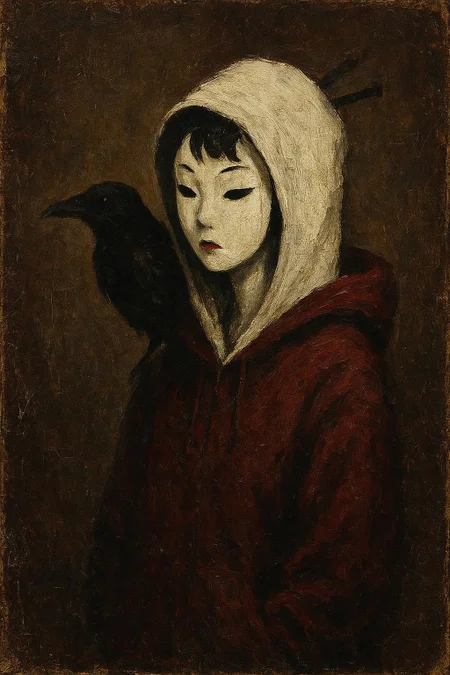 oil-painting with rough brush strokes on old vintage canvas, vintage, old, dusty, scratches, moody, grainy, minimalism, expressionism, surrealism, anime, white silhouette of a geisha wearing a hoodie and porcelain mask with a black raven on her shoulder, bordeaux red and white colors