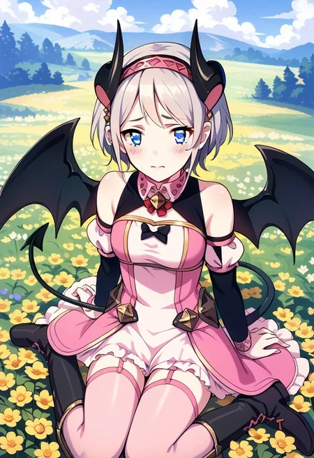 score_9, score_8_up, score_7_up, source_anime, YORI (DEVIL), 1girl, solo, looking at viewer, blush, short hair, blue eyes, thighhighs, dress, sitting, tail, flower, grey hair, hairband, boots, outdoors, detached sleeves, wings, horns, sky, day, cloud, tears, wariza, demon girl, demon horns, pink dress, demon tail, demon wings, field, flower field