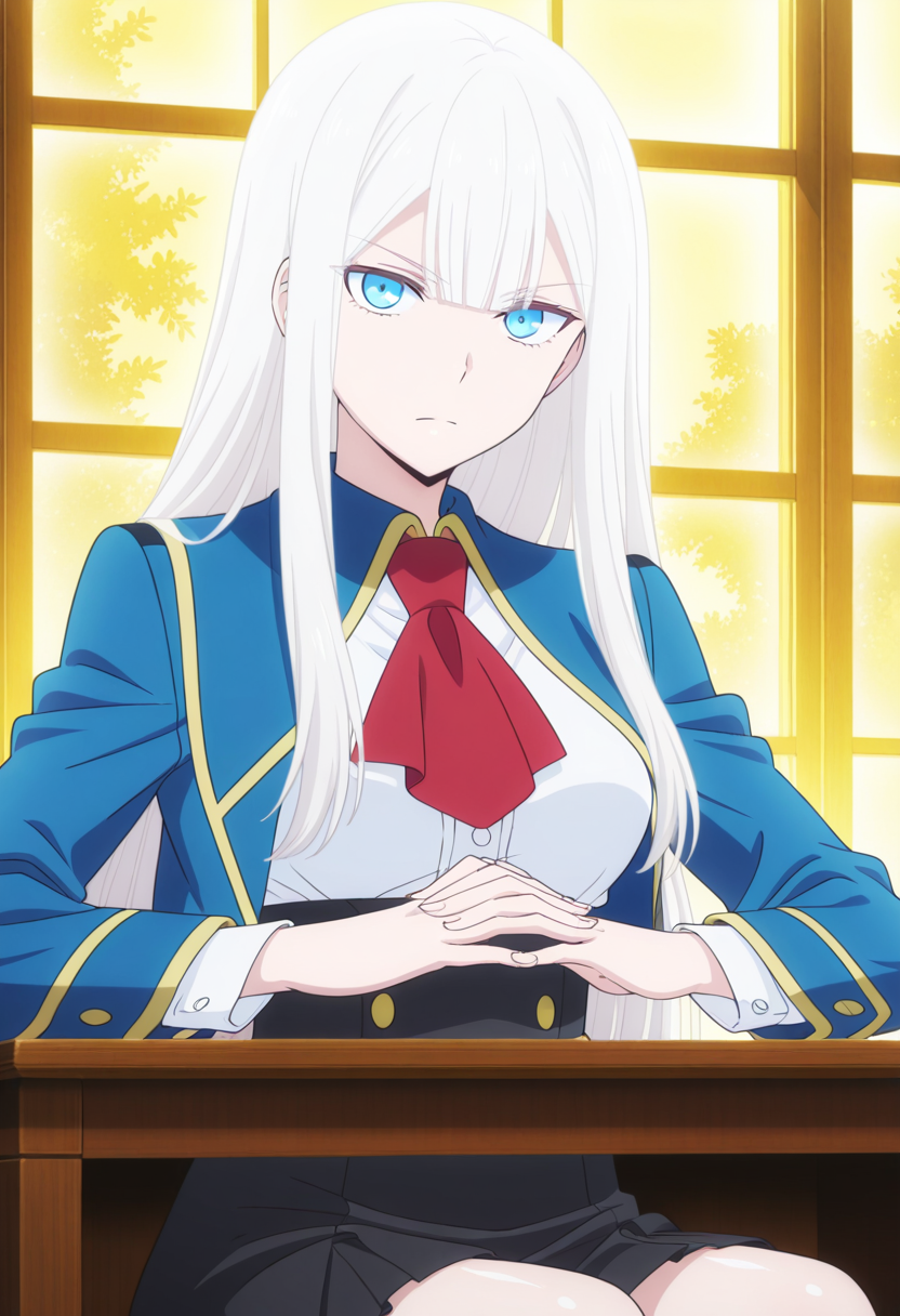 <lora:Elena_Kimberlight:1>, Elena Kimberlight, 1girl, solo, long hair, straight hair, sidelocks, white hair, blunt bangs, hair between eyes, blue eyes, medium breasts, school uniform, white collared shirt, red ascot necktie, blue jacket, black skirt, high-waist skirt, sitting at desk, hands together on desk, looking at viewer, serious
BREAK
inside, office, window, frontal angle
BREAK
anime screencap, anime coloring, anime colored background, detailed background, detailed face, shiny skin, shiny hair, absurdes, highres, dynamic pose, masterpiece, best quality, official art, cel shaded, graphic illustration, digital painting, CGI, very detailed, amazing quality, intricate details, dynamic pose, HDR, UHD, 8K, Fineline illustration, Highly detailed, ultra-fine painting, sharp focus, Professional, Vivid Colors <lora:add-detail-xl:1> <lora:DetailedEyes_V3:1> <lora:hand 5.5:1>