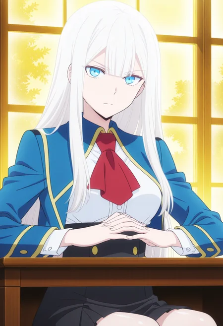 <lora:Elena_Kimberlight:1>, Elena Kimberlight, 1girl, solo, long hair, straight hair, sidelocks, white hair, blunt bangs, hair between eyes, blue eyes, medium breasts, school uniform, white collared shirt, red ascot necktie, blue jacket, black skirt, high-waist skirt, sitting at desk, hands together on desk, looking at viewer, serious
BREAK
inside, office, window, frontal angle
BREAK
anime screencap, anime coloring, anime colored background, detailed background, detailed face, shiny skin, shiny hair, absurdes, highres, dynamic pose, masterpiece, best quality, official art, cel shaded, graphic illustration, digital painting, CGI, very detailed, amazing quality, intricate details, dynamic pose, HDR, UHD, 8K, Fineline illustration, Highly detailed, ultra-fine painting, sharp focus, Professional, Vivid Colors <lora:add-detail-xl:1> <lora:DetailedEyes_V3:1> <lora:hand 5.5:1>