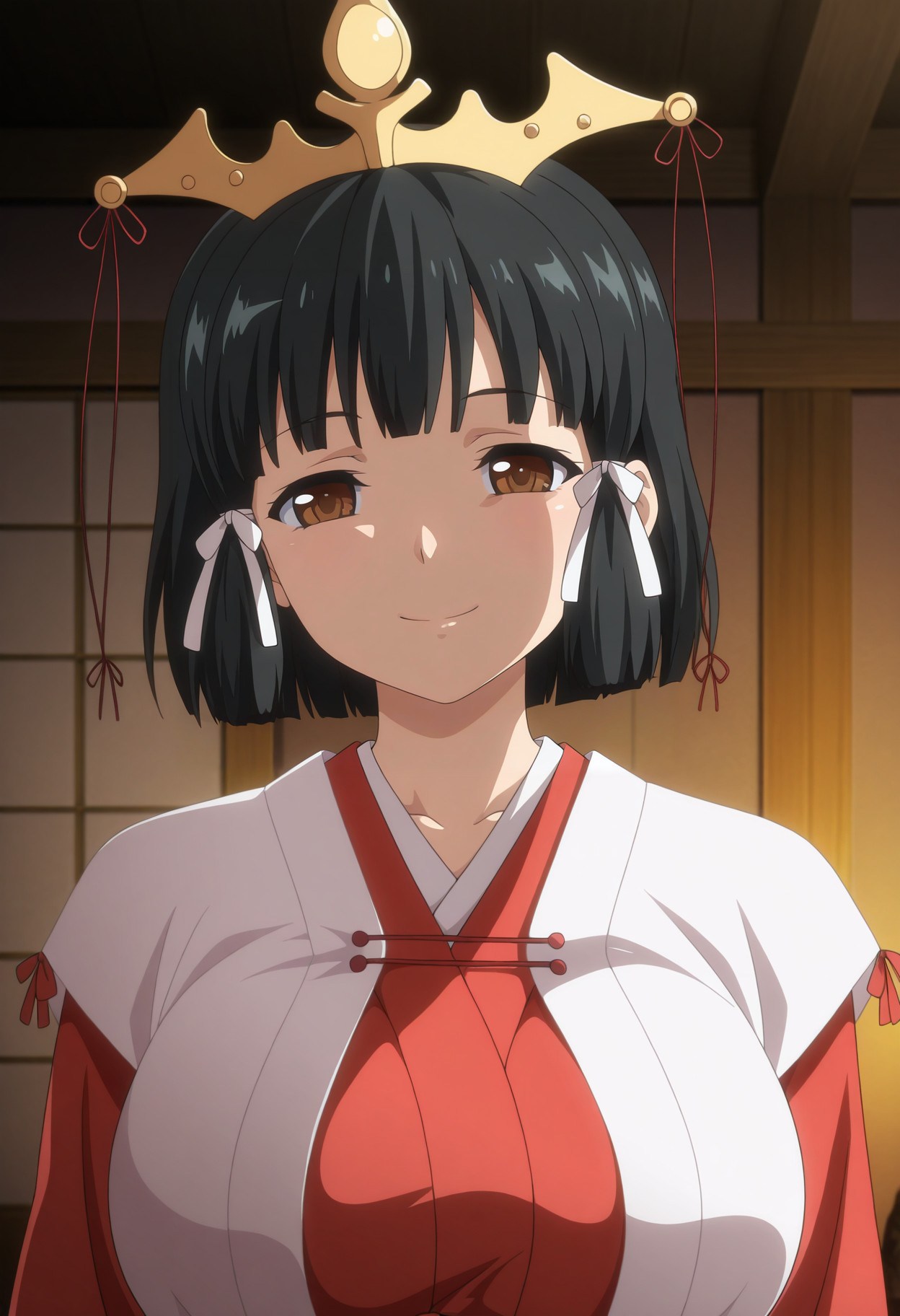 1girl,solo,mm,mature female,black hair,brown eyes,short hair,hair ribbon,large breasts,anime coloring,
miko,red shirt,crown,upper body, looking at viewer, smile,indoors
,masterpiece,best quality,amazing quality,<lora:Kaguya-kuroinu_ix:0.8>