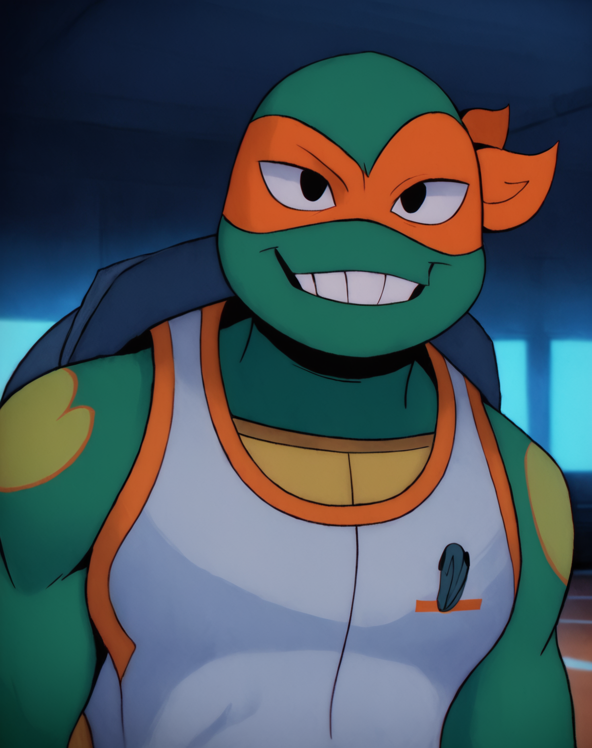 score_9, score_8_up, score_7_up, smooth lines, countershading, soft shading, 2d, extreme detail, 4K, high definition, high resolution,  <lora:rottmnt8:0.8>, 1boy, solo, Mikey, green skin, turtle, mask, sportswear, curious, smirk, looking at viewer, upper body, indoors,