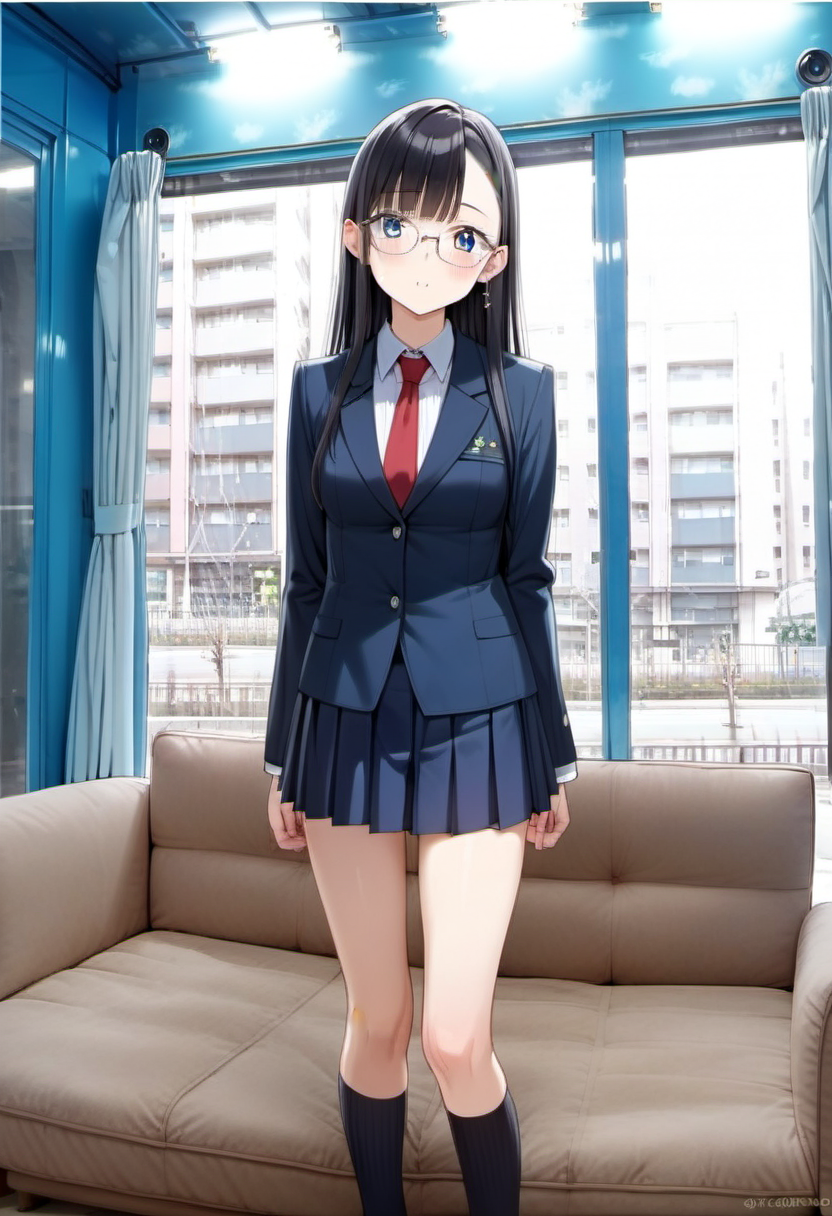 score_9, score_8_up, score_7_up, rating_safe, masterpiece, best quality, absurdres, unity 8k wallpaper, official art, official style, source_anime, uncensored, game cg, megami magazine,
1girl, solo, glasses, black hair, long hair, blue eyes, collared shirt, red necktie, pleated skirt, blue skirt, looking at viewer, blush, 
mmgo, window, scenery, indoors, curtains, couch, tree, building, day, cityscape, city
 <lora:mmgo_PONY_V1-000100:0.8>