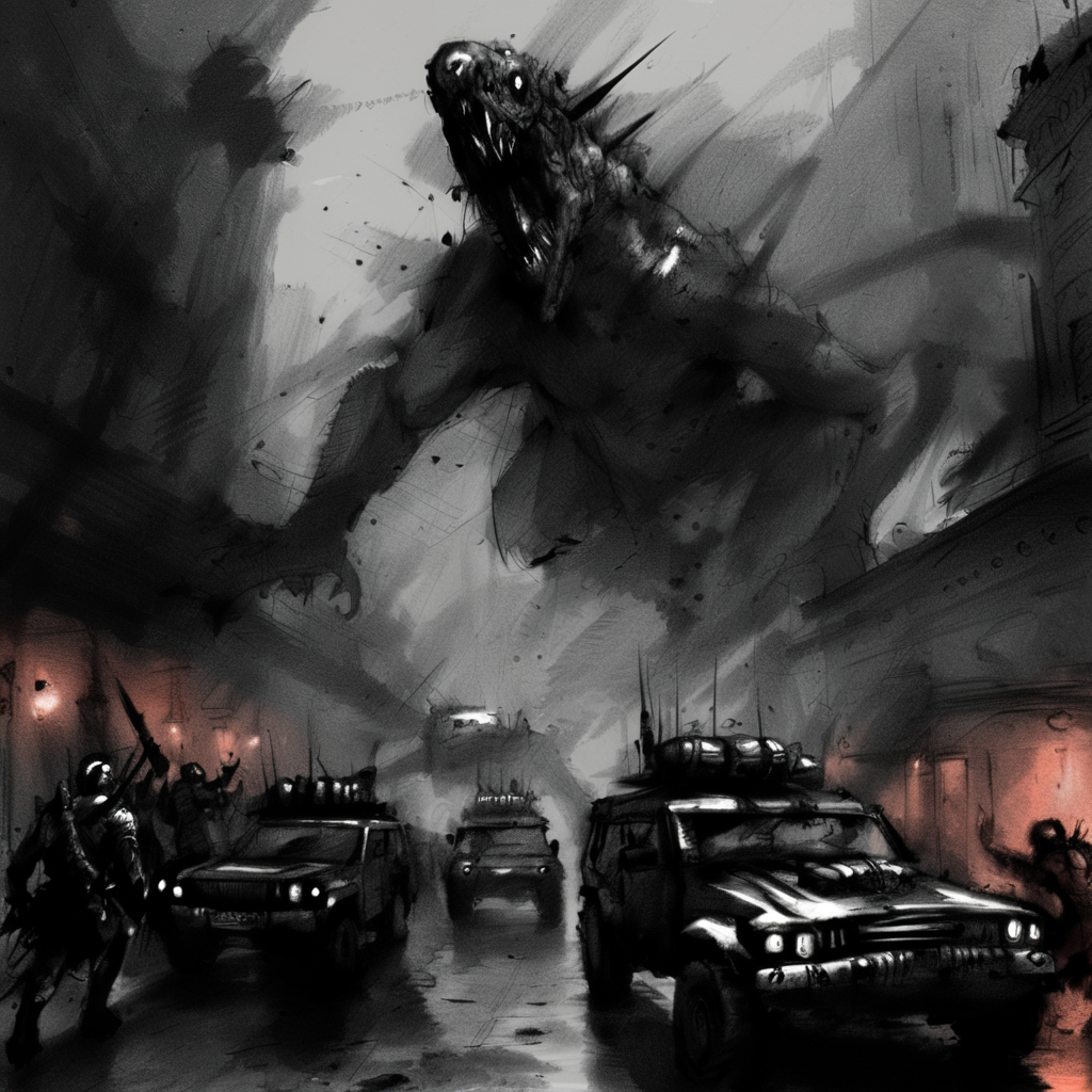 drawix8 invasion of the oppressors, vehicles flying down the big city, dark atmosphere, terror, expressive <lora:drawix8:1>