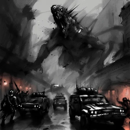 drawix8 invasion of the oppressors, vehicles flying down the big city, dark atmosphere, terror, expressive <lora:drawix8:1>
