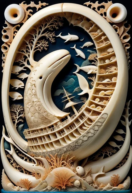 scrimshaw, made out of bone carving, giant nautilus shell made of etched whale bone, each chamber telling a part of a mythic oceanic journey, textures of fossils and ancient teeth, nestled in a tide pool surrounded by stormy waves, mysterious and poetic, SDXL, 8k, masterpiece