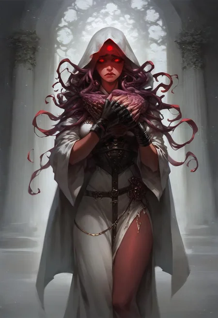 score_9, score_8_up, score_7_up, 1girl, dnd healer cleric hiding eldritch secret, tight white ornate healer robes, white cloak, thigh windows, cosmic black parasitic eldritch tendrils covered in sharp (teeth) and red glowing eyes peek slightly out of her sleeves her hood and gaps in her robes, very short black pixie hair cut, priestess, beautiful face, ashamed shocked gentle expression, shy, drapery, (in white cathedral with other figures in background:1.2), sensual, sad, mysterious, toga, hood partially covers her eyes which peek out from underneath, piercing glowing cosmic eyes barely peak out from eye covers, attempting to conceal eldritch corruption, elegant white tabard, white cloth drapes from neck to between loins, concealing her eldritch secret, (long thick ornate oversized white draping sleeves with eldritch tendrils slightly emerging from, white fingerless gloves:1.3), white strapped thigh high leggings, white boots, divine corrupted eldritch angelic priestess, stunning beautiful face, sad beauty, (holding her hood down tightly with her hand to try to hide her face and her corruption:1.5), belts attempting to constrain tendrils under her robes burst free, hood down, face mostly covered but eyes peek through, dynamic movement, silken white coat, holding onto her hood, <lora:Concept Art DarkSide Style LoRA_Pony XL v6:0.8> concept art,   <lora:GwentStyle_v2:0.6> gwentstyle   <lora:Expressive_H-000001:0.8> expressiveh