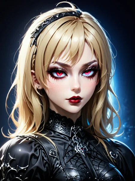 masterpiece,high detail,<lora:gothicStyleNextPony:0.8>,
gothicstylenext, 1girl,(fully clothed), slim figure, nicely outlined calf muscles, red-burgundy pronounced lips, closed mouth, aroused, passion, simple background, blonde hair, swept bangs, very long hair, gothic body armor, goth accessories, goth makeup, beautiful eyes, bright colors, high contrast, vivid lighting, rating_safe, BREAK, sapphire blue eyes, up close, neon hearts lights dark, chiaroscuro, low-key