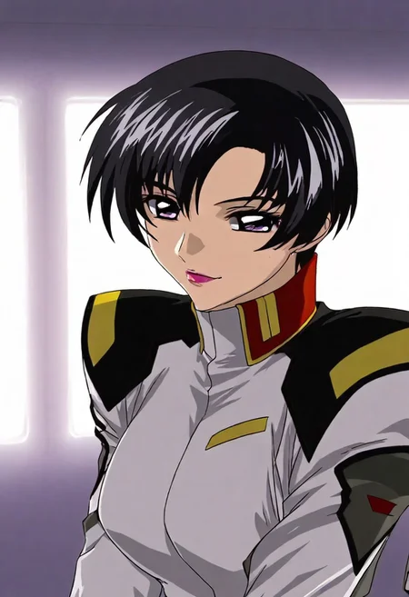 1girl, Natarle Badgiruel \(Gundam SEED\),, adult woman, masterpiece, military uniform, black hair, short hair, luscious lips, lipstick, smile, large breasts, portrait, colored eyelashes, backlighting, purple eyes, goddess, glossy skin, ,hires,best quality, very aesthetic,absurdres,score_9, score_8_up, score_7_up, score_6_up, score_5_up, score_4_up, (hyper extreme detailed), (hyper quality), game CG, (colour:1.2),(from side:0.7)
