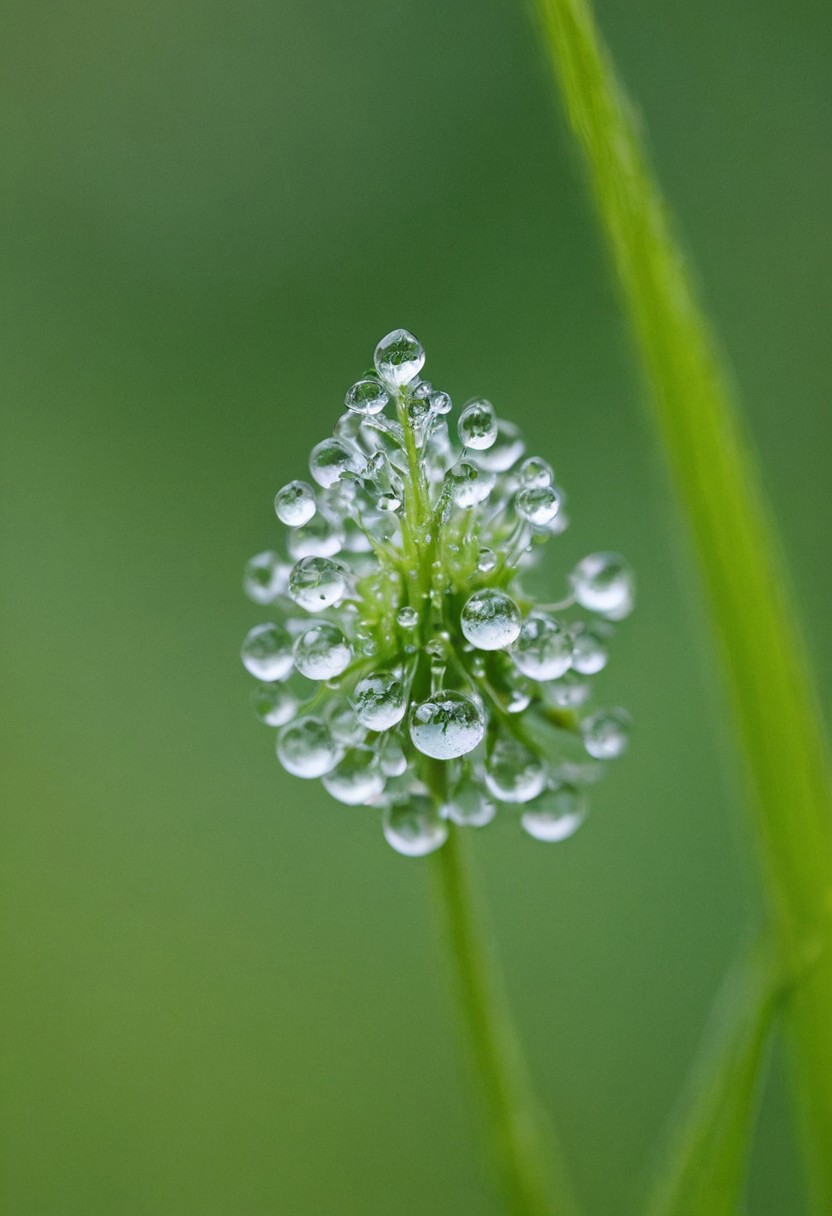 Capture a single flower against a plain background, focusing on the delicate details and form. Overlay the image with close-up shots of dew drops to add an element of freshness and detail. Use a Canon EOS RP with a Canon RF 85mm f/2 Macro IS STM lens at f/4, 1/160s, ISO 100. For the dew drops, use a macro lens and similar settings to capture the fine details.