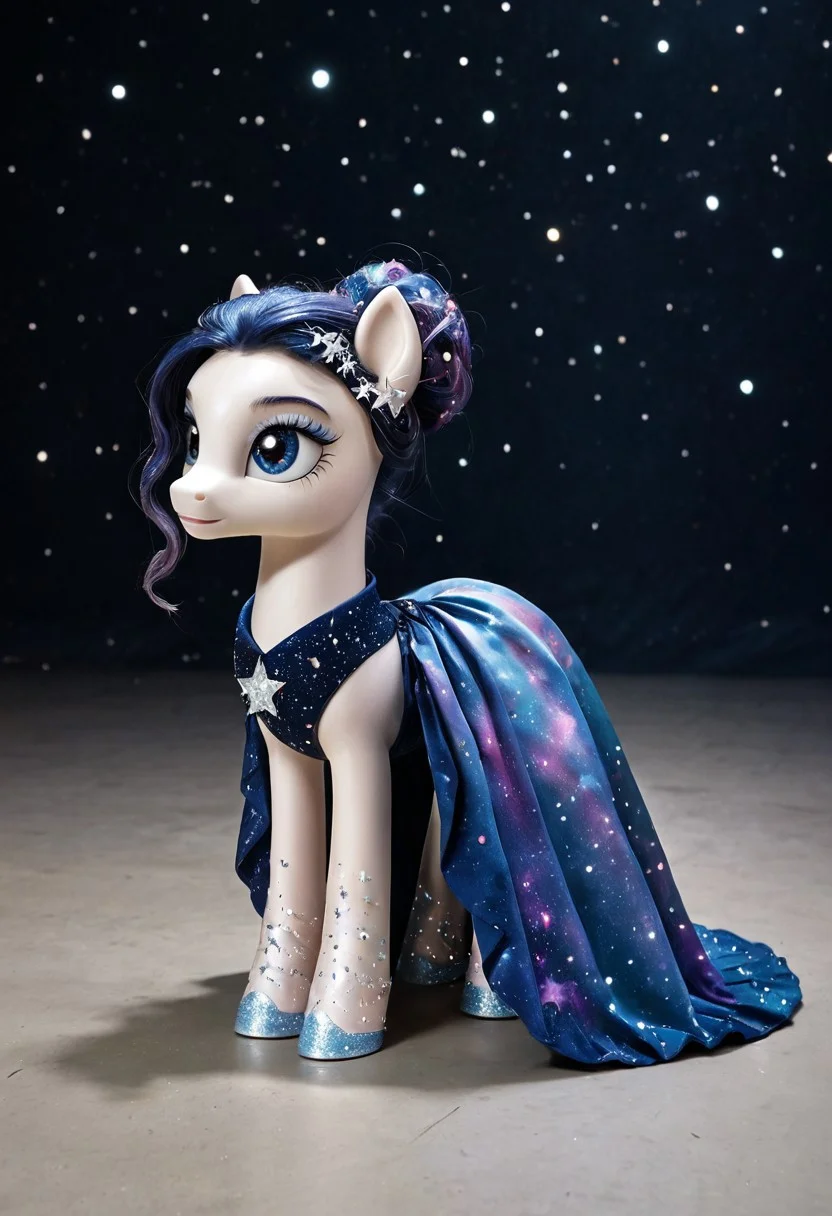 best quality, dreamy soft light, a cosmic fashion model on a runway of stars, wearing a dress made of clustered galaxies, surrounded by floating planets and moons as accessories, surreal high fashion concept, "Galaxy Pony"