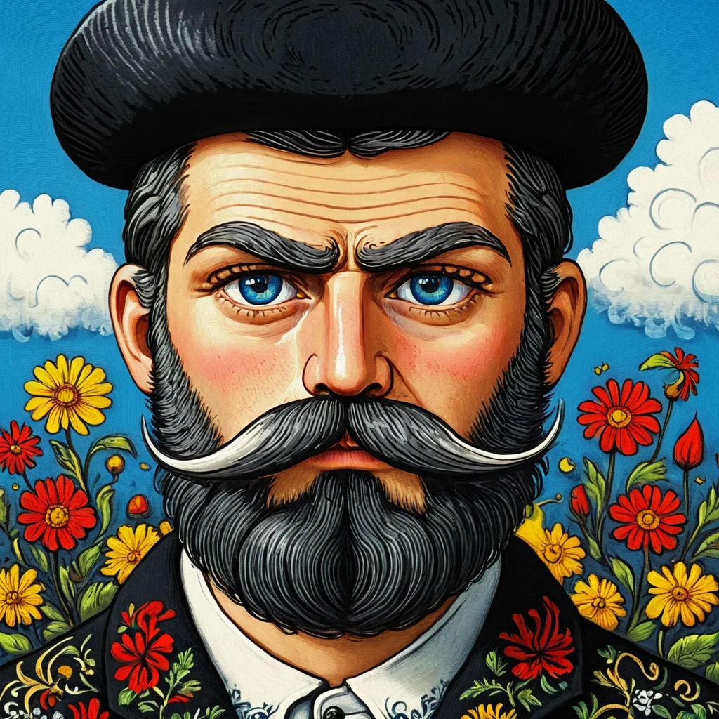 <lora:Neo-Folk_VisionarySDXL:1> ArsMJStyle, Neo-Folk Visionary, The image is a portrait of a man with a long beard and mustache. He is wearing a black hat with a white feather on top. The man has a serious expression on his face and is looking directly at the viewer. The background is a blue sky with white clouds and there are yellow and red flowers scattered throughout. The overall style of the image is reminiscent of a traditional Russian folk art style., 1boy, solo, flower, facial hair, cloud, male focus, sky, black hair, blue eyes, day