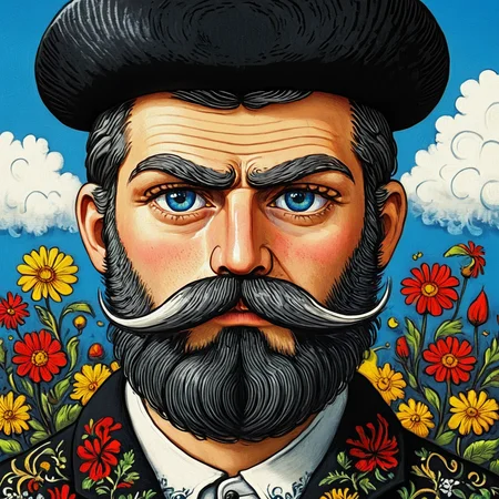 <lora:Neo-Folk_VisionarySDXL:1> ArsMJStyle, Neo-Folk Visionary, The image is a portrait of a man with a long beard and mustache. He is wearing a black hat with a white feather on top. The man has a serious expression on his face and is looking directly at the viewer. The background is a blue sky with white clouds and there are yellow and red flowers scattered throughout. The overall style of the image is reminiscent of a traditional Russian folk art style., 1boy, solo, flower, facial hair, cloud, male focus, sky, black hair, blue eyes, day