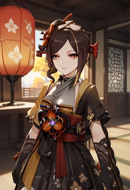 score_9,score_8_up,score_7_up,source_anime,CHIORI_(GENSHIN_IMPACT),1girl,solo,long hair,looking at viewer,bangs,blonde hair,brown hair,hair ornament,red eyes,gloves,dress,multicolored hair,parted lips,japanese clothes,black gloves,kimono,two-tone hair,sash,drill hair,