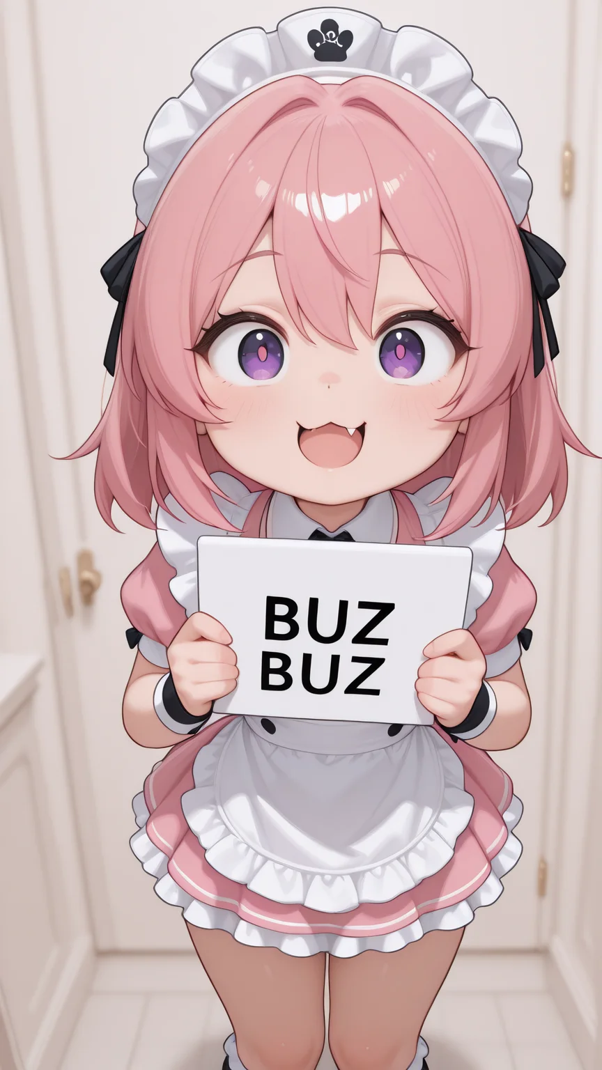 hyper-detailed, 8k uhd, in sea, , civchan, kawaii, pink hair, chibi fang, holding sign saying buzz