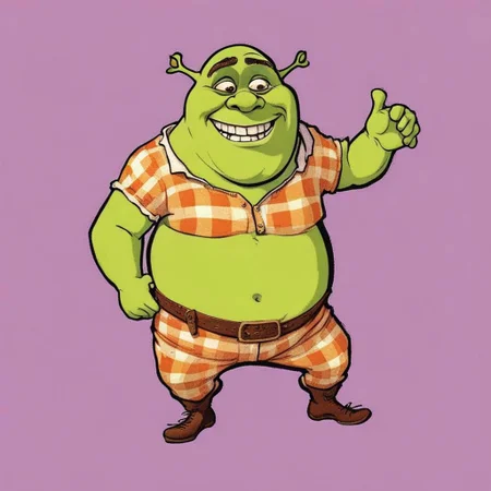 Shrek spreads butt, very scared face, detailed, best quality, 80K, coins, rainbow pajama