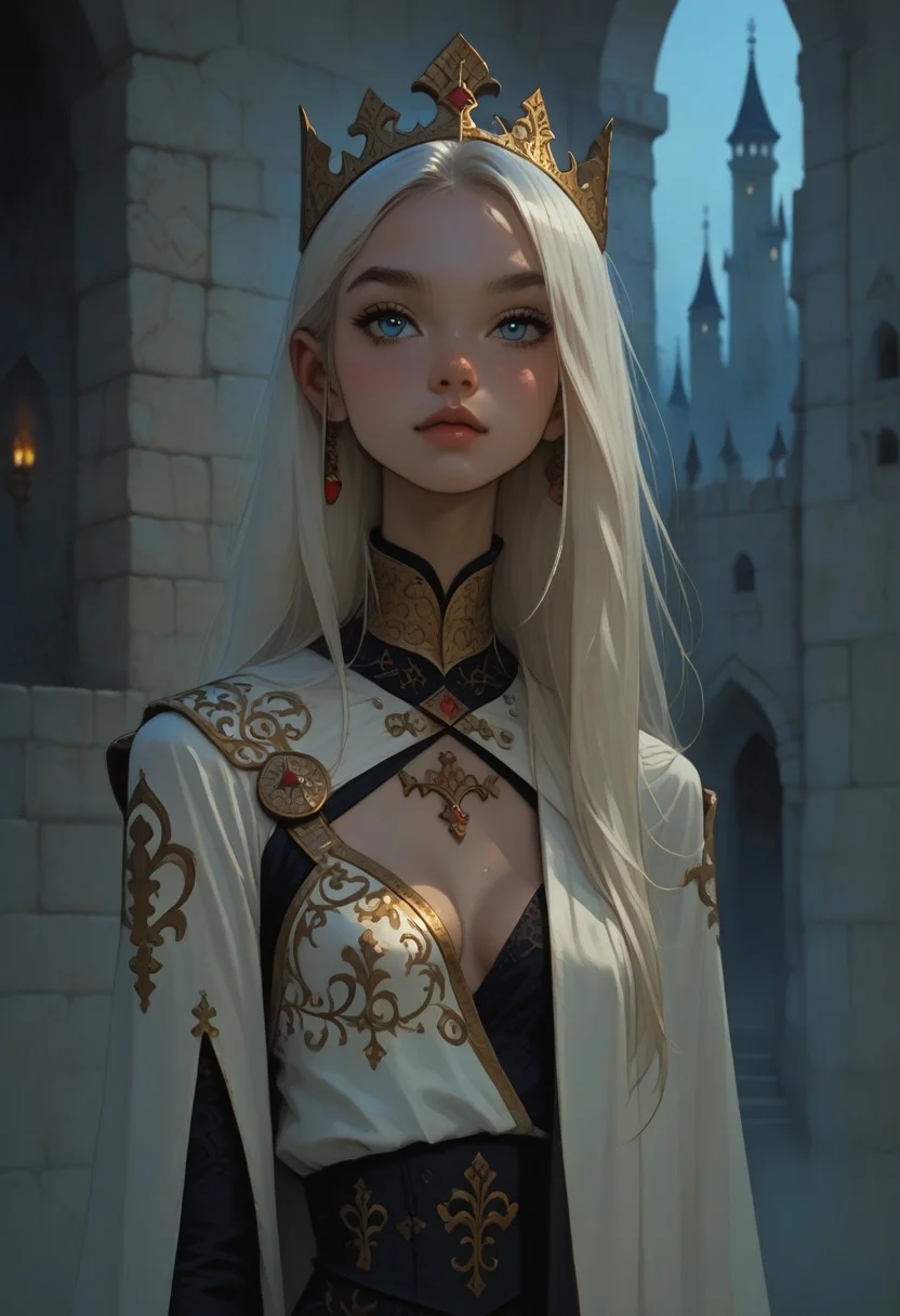 FFAnime Style, Score_9, Score_8, Score_7, 1girl,young princess, white hair, light blue eyes, portrait, ceremonial robe, white outfit with gold designs, castle interior ,cleavage,expose one breast,nipple,smal body,petit