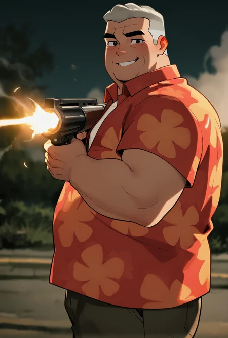 <lora:max-05:1> max, collared red shirt, grey hair, 1boy, short hair, short sleeves, hawaiian shirt, floral print, looking at viewer, expressive, posing, chubby, side view, side angle, , holding shotgun, aiming shotgun, cinematic shot, smoke, flying shotgun shells, smiling, shotgun flash, night time, <lora:cryinggsilence:1> crying_illu, masterpiece, best quality, amazing quality, very aesthetic, absurdres, newest,