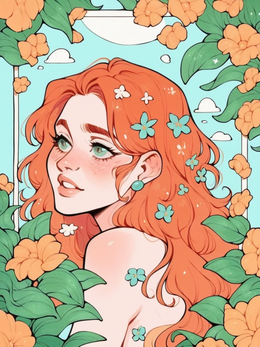 score_9, score_8_up, score_7_up, score_6_up,  <lora:p4n3lsXLP:0.9> p4n3ls, 1girl, flowers, long hair, ginger hair, panel