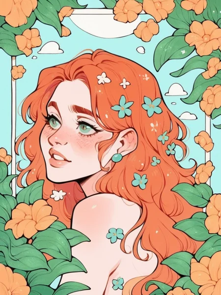 score_9, score_8_up, score_7_up, score_6_up,  <lora:p4n3lsXLP:0.9> p4n3ls, 1girl, flowers, long hair, ginger hair, panel