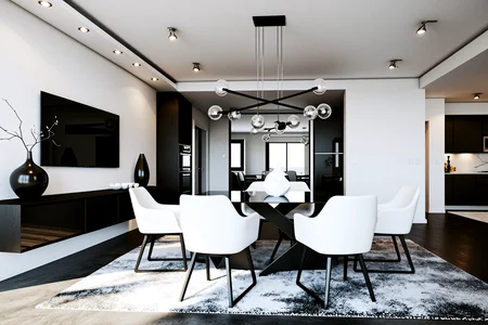 no humans,no animals,Sleek Modern Dining Room, a contemporary dining room with a glass dining table, minimalist chairs, and black-and-white accents. The room features clean lines, geometric décor, and pendant lighting to create a sharp, modern aesthetic.,, Masterpiece,best quality,realistic,HDR, 8K, masterpiece, best_quality, absurdres, ultra-detailed, highly_aesthetic, depth_of_field
