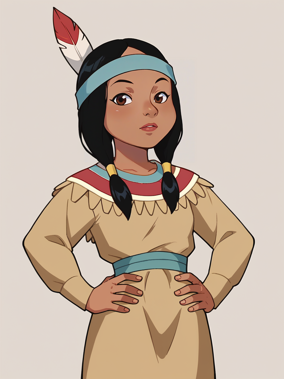 score_9, score_8_up, score_7_up, score_6_up, score_5_up, score_4_up, BREAK, source_cartoon, source_anime,
1girl, tlily, black hair, twintails, brown eyes, feather hair ornament, headband, dark skin, brown dress, native american,
solo, hands on hips, looking at viewer, simple background
<lora:TigerLilyXL:1>