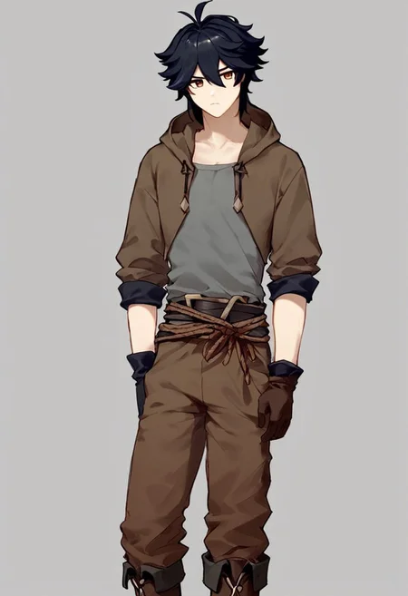 Score_9, score_8_up, score_7_up, Genshin Impact Style, source_anime, cave shaft, 1man, solo, standing in cave
Black hair, brown hoodie, brown hood, hood over head, bangs, tall man, staring at viewer, facing viewer, brown eyes, serious, grey shirt, black cloth over shoulders, long sleeves, rolled sleeves, cloth gloves, brown pants, rope belt, brown boots, wrapped pants