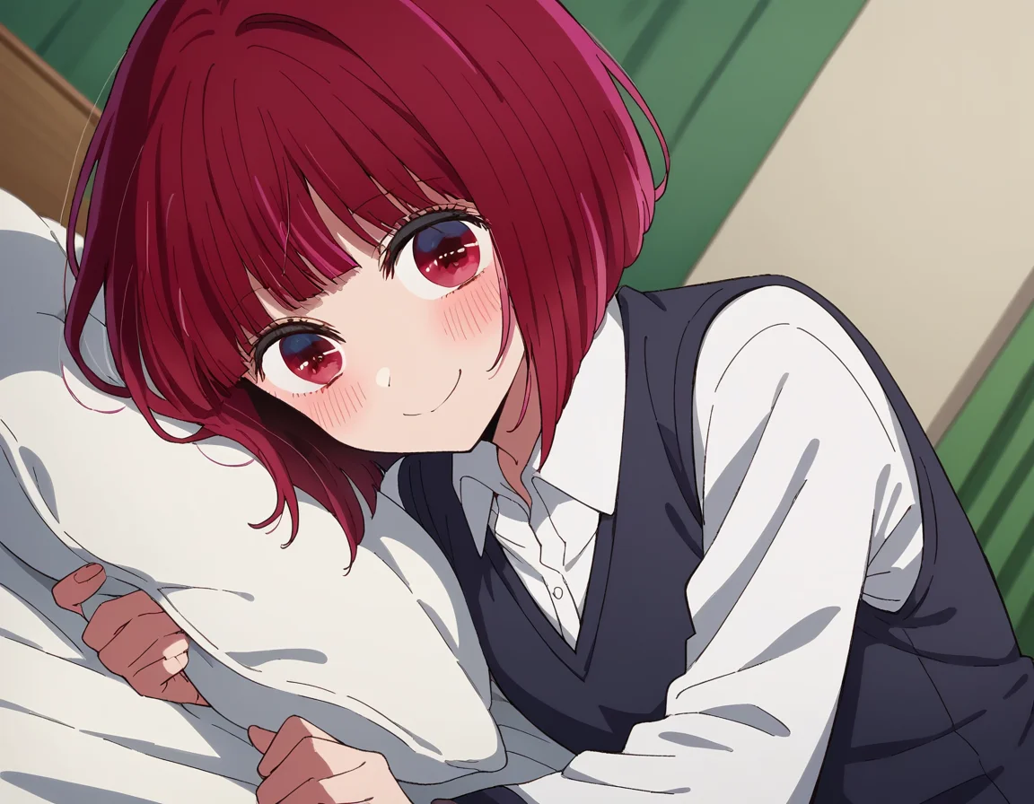 score_9, score_8_up, score_7_up, source_anime,
kanaarima, <lora:kana-arima-s1-ponyxl-lora-nochekaiser:1>,
kana arima, short hair, bangs, red eyes, red hair, bob cut, smile,
long sleeves, school uniform, white shirt, collared shirt, vest, black vest,
indoors, bed, bed room, on side, blush, drunk,
looking at viewer, cowboy shot, dutch angle, solo,