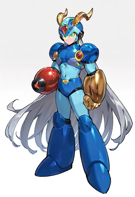 masterpiece, best quality, amazing quality, highres, high resolution, solo, score_9, score_8_up, score_7_up, 1boy, male focus, :green_eyes, blue_helmet, blue_armor, blue_bodysuit, white_gloves, blue_boots, arm cannon, very long hair, grey hair, large pectorals, ex kulve taroth alpha armor, gold horns, gold gauntlets, black knee boots, gold pauldrons full body,