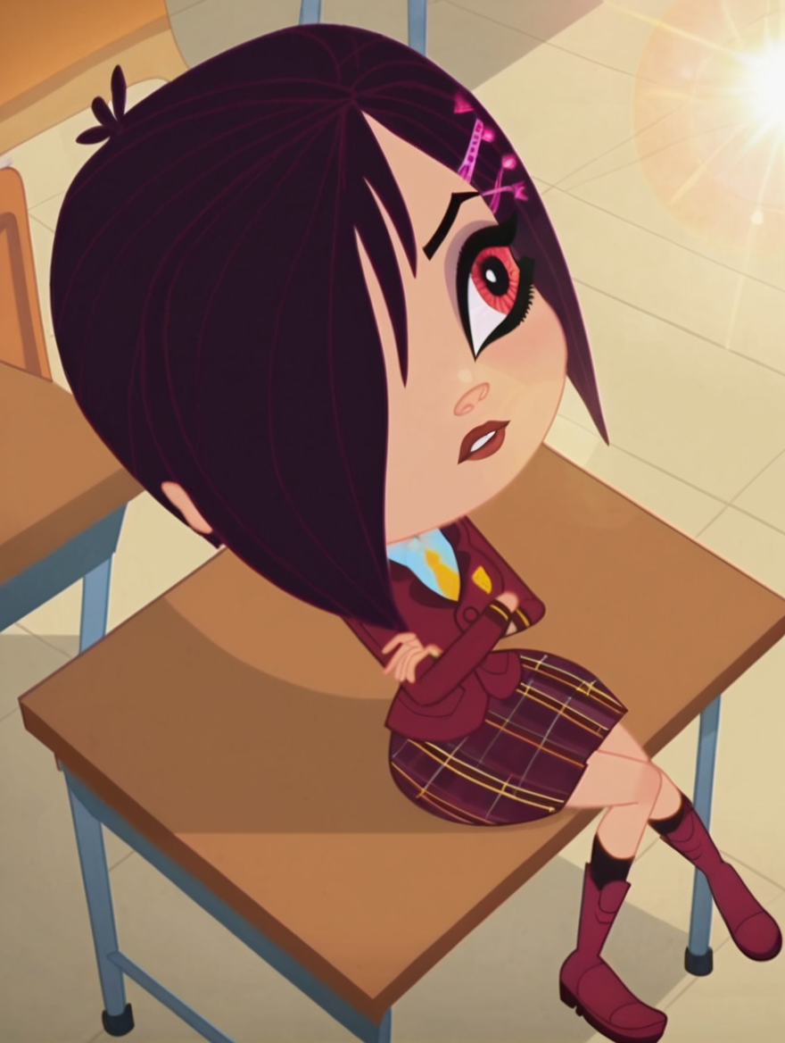 <lora:whittanybiskit:1>whittanybiskit, 1girl, high angle shot, sitting on school desk chair, crossing arms, lens flare, lens effect, golden hour, classroom, boring expression, short asymmetrical hairstyle, one eye covered, purple iris with white radial concentric lines, clean face lines, dark red school uniform jacket with gold accents, plaid skirt in burgundy and yellow lines, matching burgundy boots, chair, shading, score_9, score_8_up, score_7_up, score_6_up, score_5_up, score_4_up,