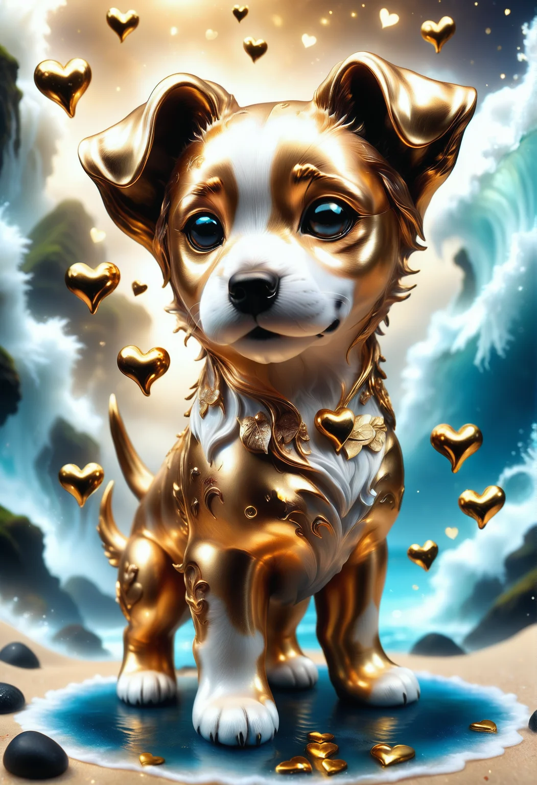 a cute zhibi puppy <lora:zhibi:0.8> made out of Jed-ANC <lora:ArtNouveauCopperStyle:0.9>, cuteness overload, surrounded by stardust and floating hearts <lora:heartmiststyle:0.5> in a starLS fantasy landscape <lora:stardustlandscapes-000006:0.7>, ocean, panorama, folded plants, dynamic dramatic atmosphere, original, great light, highly complex