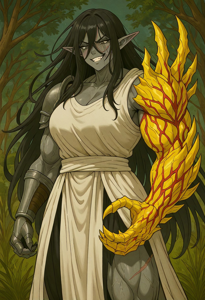 masterpiece, best quality, newest, absurdres, highres, DARV1.0, prosthetic arm, prosthesis, veins, claws, 
1girl, scar, scar on face, scar across eye, scar on arm, scar on mouth, grey skin, colored skin, grey colored skin, tall, tall female, muscular, muscular female, smug, grin, angry, looking down, black hair, white robe, robe, armor, shoulder armor, clawed gauntlets, gauntlets, elf, pointy ears, dark elf, medmium breasts, long hair, grey eyes,