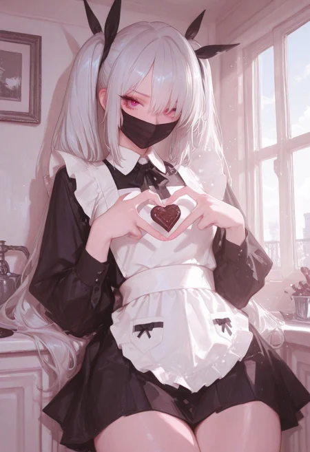 ((1girl)), gorgeous girl , kawaii girl , cute face, masterpiece, best quality, very awa, absurdres, 748cmstyle, usnr, iori_(blue_archive), silver hair, long twin tails, masterpiece, best quality, Good quality, very aesthetic, absurdres, newest,1girl, light rays, looking at viewer, sky, solo, gradient color, erotic,
BREAK
ultra-detailed, 8K, illustration, CG, ultra-detailed-eyes, detailed background, ambient occlusion, raytracing, soft lighting, absolutely eye-catching, intricate cinematic background, (beautiful face),  , eyelashes, erotic, looking seductive, coy. dynamic action image, detailed face, detailed eyes, direct mesmerizing gaze, mature female, medium breast, presenting herself
BREAK 
(sexy, slutty, hot, aroused, disgusted, embarressed),
1girl, mask, solo, mouth_mask, heart_hands, hands above breast, legs together, looking_at_viewer, small_breasts, apron fully clothed, date outfit, casual outfit, present by side, masked pulled down, valentines chocolate. wearing a skirt