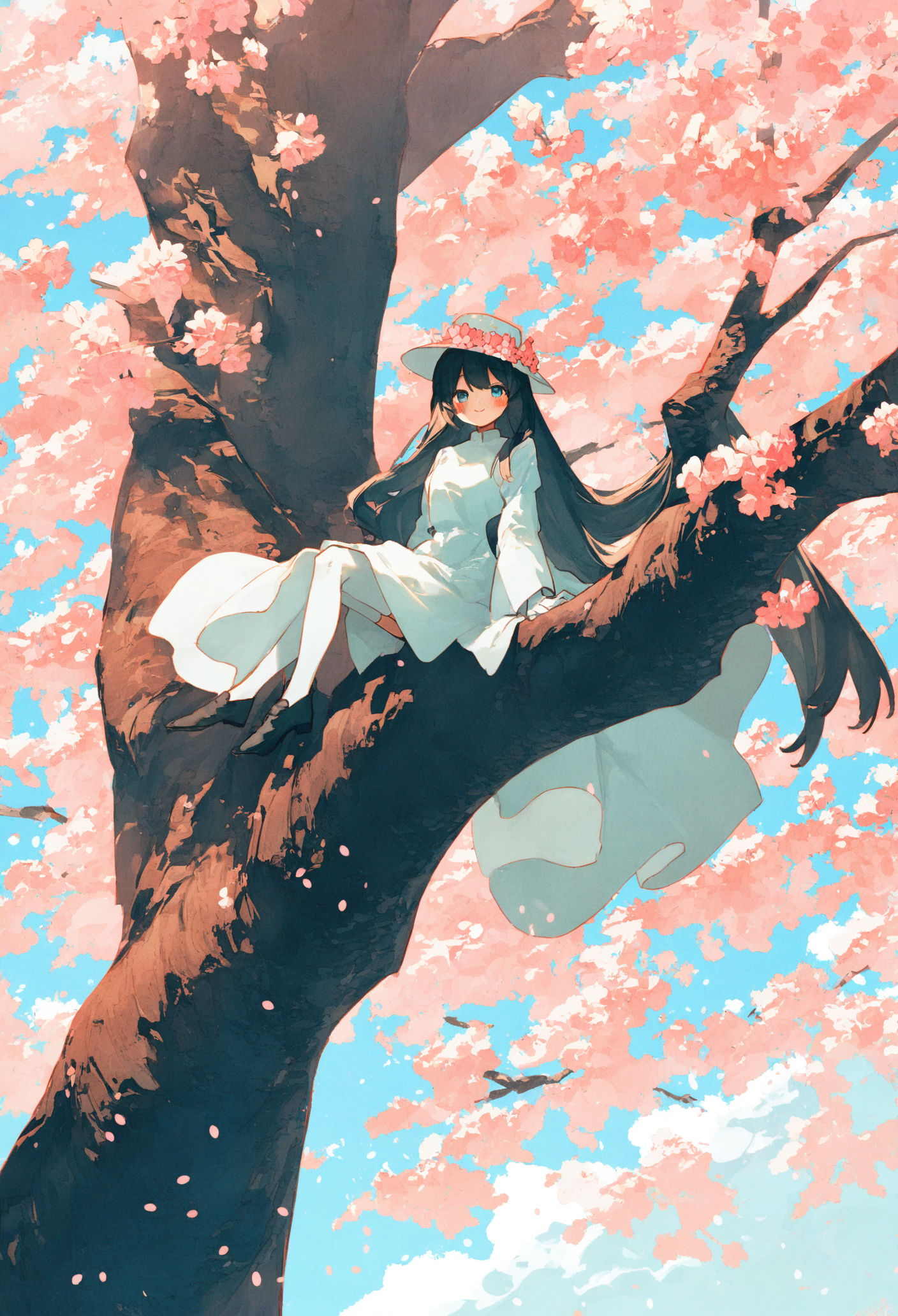 1girl, 
solo, long hair, dress, tree, white dress, hat, white headwear, very long hair, sitting, cherry blossoms, black footwear, outdoors, long sleeves, looking at viewer, black hair, blue eyes, smile, pink flower, shoes, in tree, day, sky, cloud, wide sleeve, flower, blue sky, hat flower, closed mouth, gloves, sitting in tree, branch, petals, full body, blush, thighhighs, white gloves,
.
masterpiece, best quality, very aesthetic, absurdres
 <lora:potgfornoob:0.95>