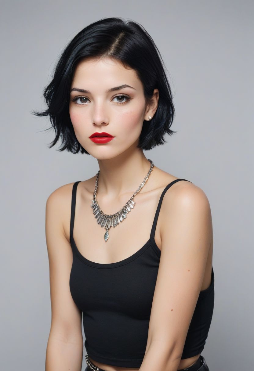Photo of a young woman. Snowwhite:0.5, Pocahontas:0.5.
Posing in the studio, monochrome background. Wearing punk rock outfit. Subtle jewelry. Short hair. Collarbones, toned arms. 
Expressive pose, expressive face.
 Deardorff 8x10, Kodak Ektar 100, dramatic lighting (Shot by richard Avedon:1.4),  saturated colors
(detailed skin, pores, sweat, rosacea, blemishes, acne, freckles, imperfections, tan)