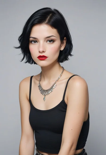 Photo of a young woman. Snowwhite:0.5, Pocahontas:0.5.
Posing in the studio, monochrome background. Wearing punk rock outfit. Subtle jewelry. Short hair. Collarbones, toned arms. 
Expressive pose, expressive face.
 Deardorff 8x10, Kodak Ektar 100, dramatic lighting (Shot by richard Avedon:1.4),  saturated colors
(detailed skin, pores, sweat, rosacea, blemishes, acne, freckles, imperfections, tan)