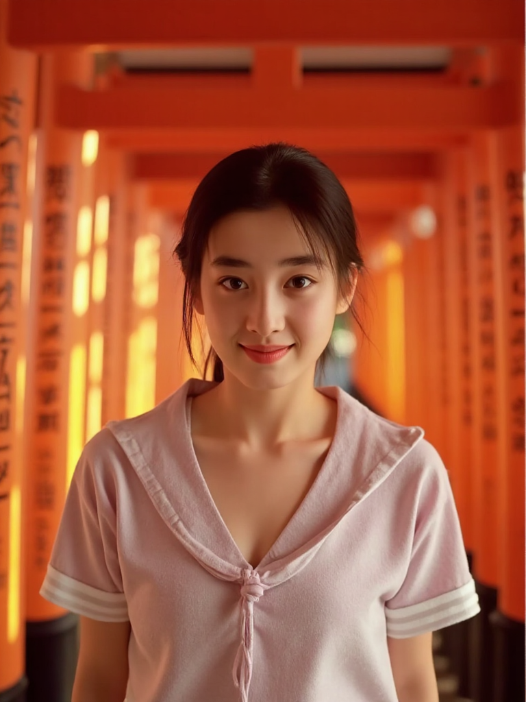There are wonderful studio lights and various reflections,her thin face is very delicate,
18yo beautiful cute girl with blushing and female orgasm.skin naturally showing the texture of blood vessels and detailed pale skin,the sidelight outlines her sexy body curves,(looking at viewer:1.2),
--,
<lora:Rie_Miyazawa_f1p:1>,she is Rie Miyazawa,
--, a graceful Japanese student in a pastel sailor uniform, posing in the pathway of Fushimi Inari Shrine surrounded by red torii gates, frontal bust portrait, a subtle shy expression, exposed neck and collarbone glowing in the shrineâs golden light | oriental mystic style, surreal realism, 4k detail, warm orange tones |