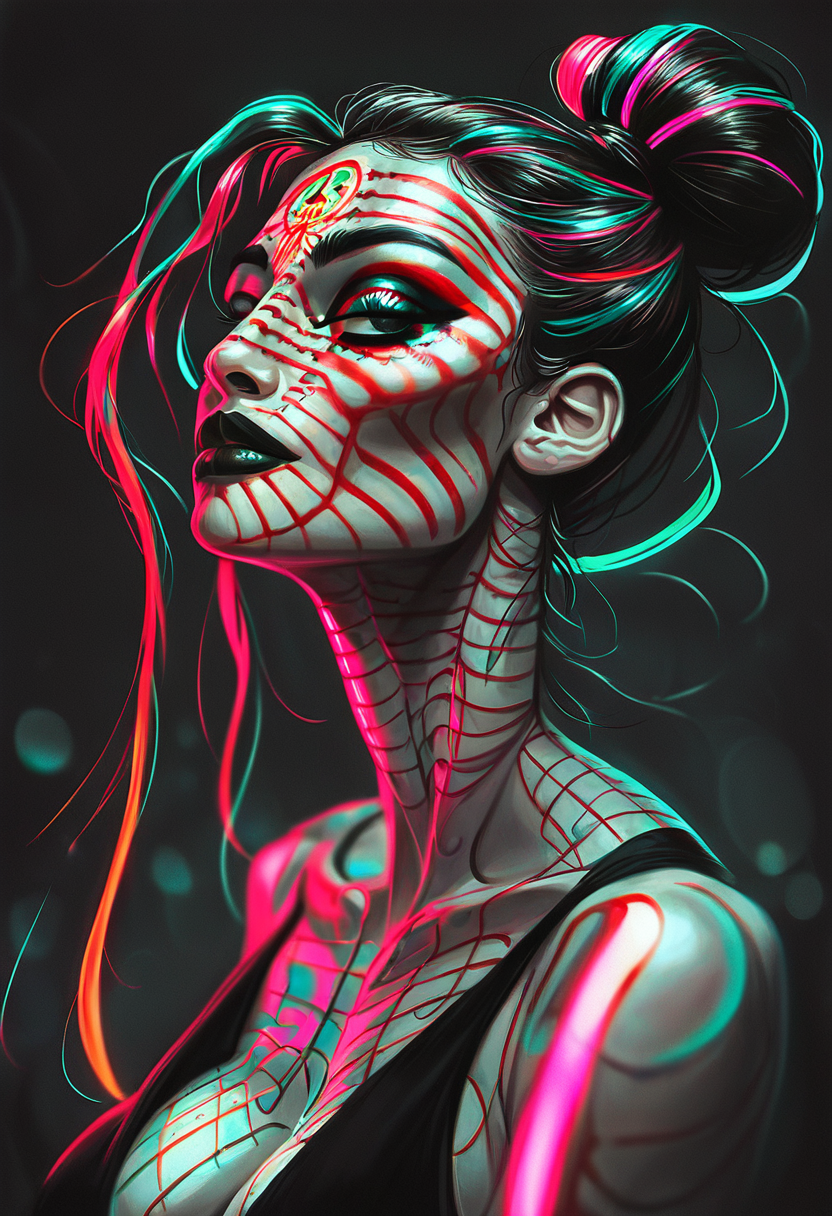 score_9, score_8_up, score_7_up, score_6_up, 1girl, (neon hair:1.3),  hair bun, dia de los muertos face paint,big eyes, day of the dead makeup, dark eyeliner, (black and white face makeup:1.2), skeleton facepaint, detailed background, depth of field, eye smoke,  busty, striped lighting, portrait, glow, pinup girl pose, sexy, alluring, bokeh blur, upper body, jewelry, skimpy outfit, s1_dram